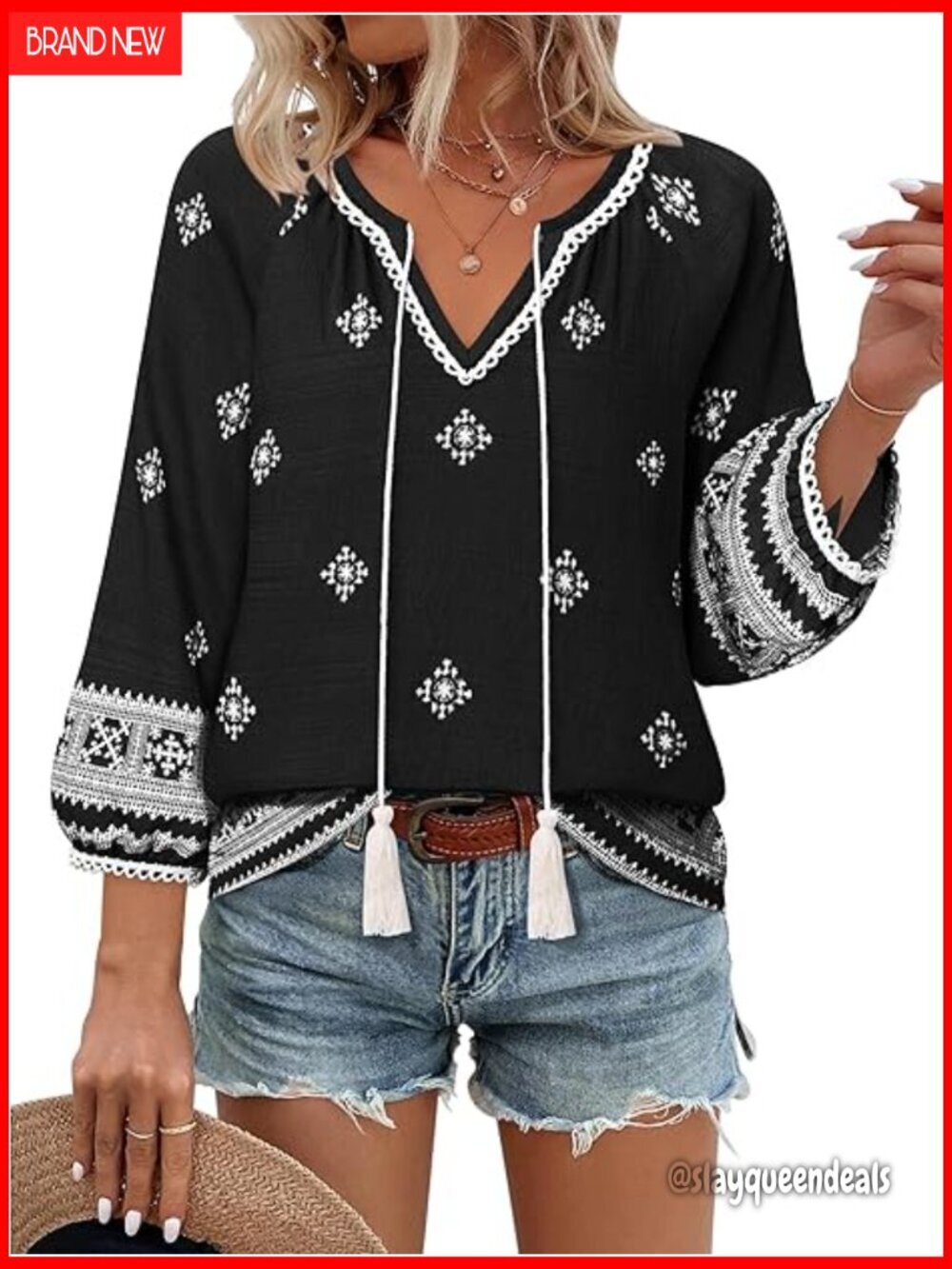 Boho Floral Print Blouse 3/4 Lantern Sleeve Loose Fit Tunic Top